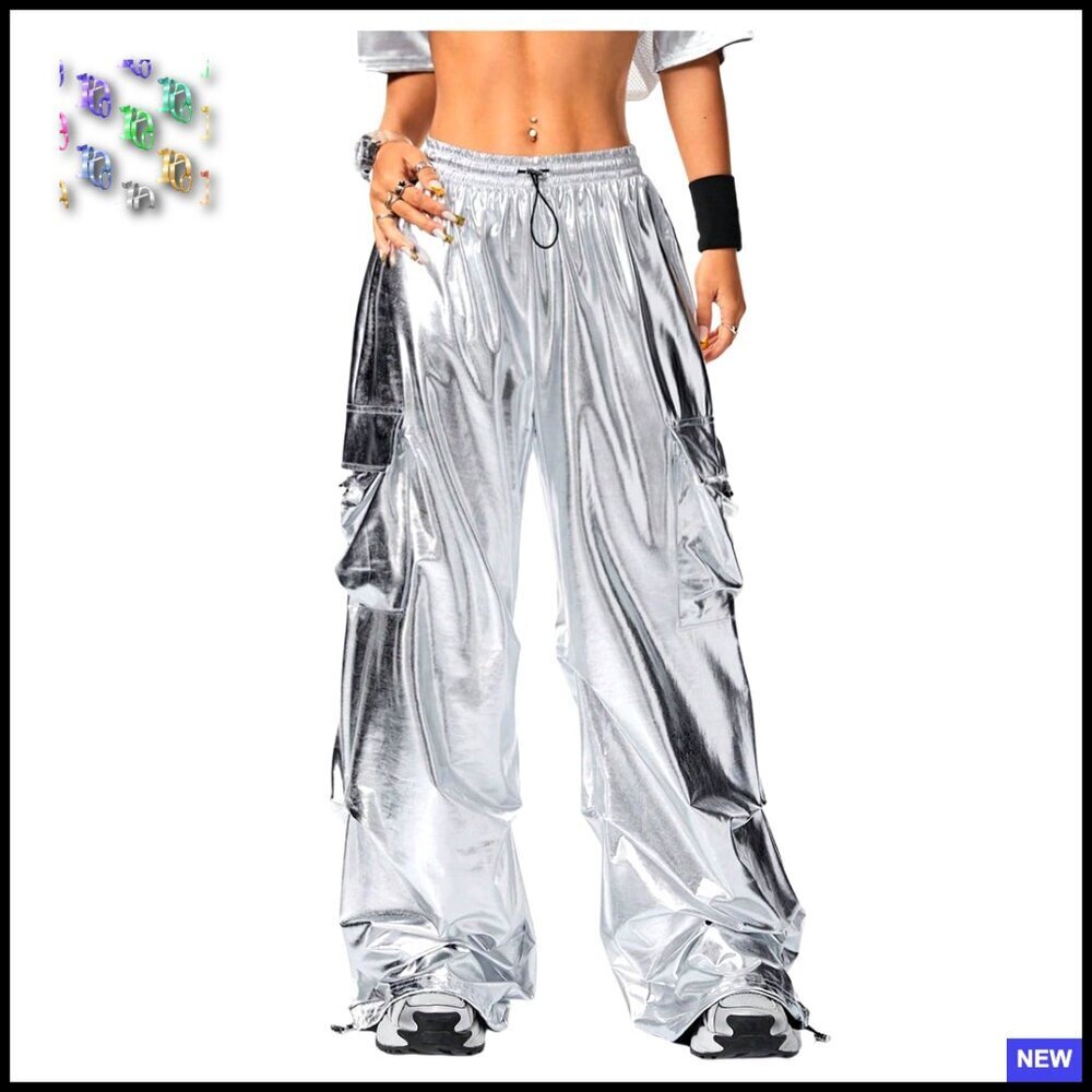 Metallic High Waisted Cargo Pants Y2K Wide Leg Joggers Streetwear Rave